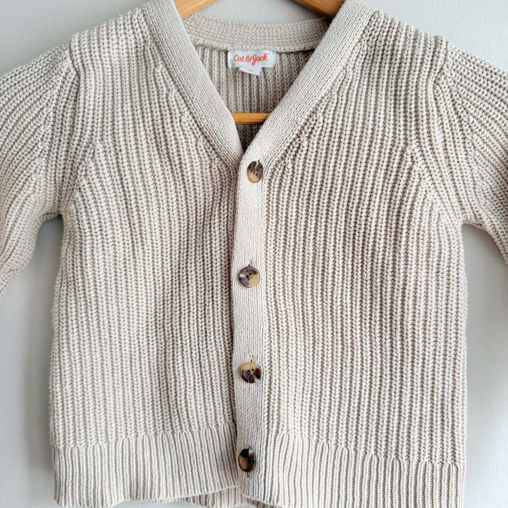Cat & Jack Toddler 3T Beige Ribbed Knit Button-Front Cardigan Sweater - Picture 2 of 5
